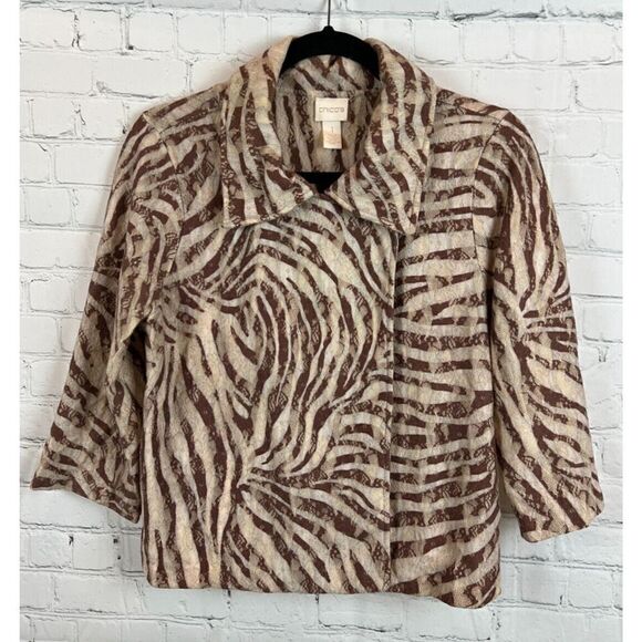CHICO'S brown beige animal print knit 3/4 sleeve unlined jacket cardigan 1 8 M - Picture 1 of 8